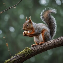 Obraz premium A playful squirrel holding a nut on a branch with a blurred forest background.