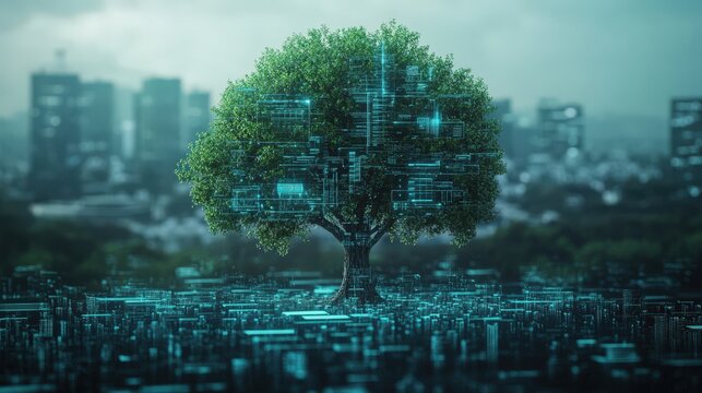 A digital tree stands amidst a futuristic city, symbolizing the intersection of nature and technology in a vibrant, green landscape.
