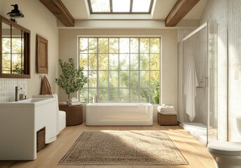 Fototapeta premium Bright and Cozy Modern Bathroom with Natural Light, Minimalist Decor, Large Window, Bathtub, Shower, and Wooden Beams for a Relaxing Retreat Experience