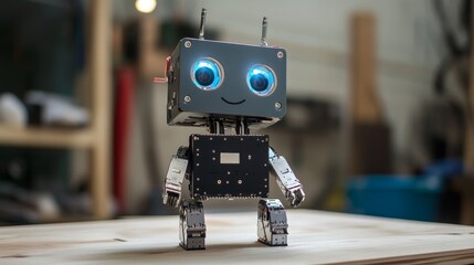 Fototapeta premium Adorable Cute Robot on Wooden Table