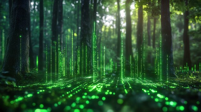 A digital forest scene, where green data streams overlay a serene, natural landscape, blending technology with nature's tranquility.