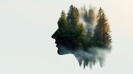 An artistic representation intertwining a forest landscape with a human silhouette, emphasizing nature's integration within human identity, and spiritual connection.