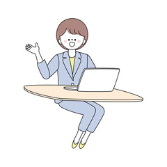 笑顔で案内するパソコンを使うスーツの女性のイラスト
