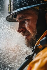 Firefighter Extinguishing Flames with Water Hose in Action Scene