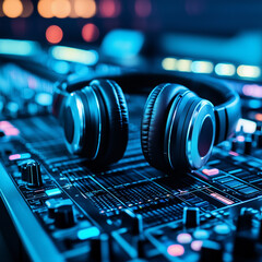 Professional DJ headphones rest on a sleek mixing console, highlighted by cool blue lighting. The...