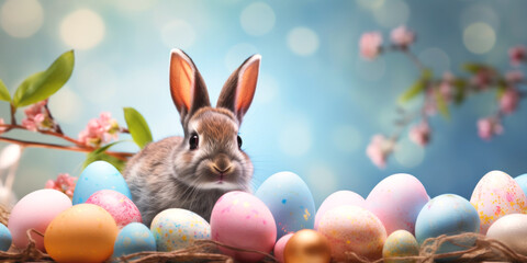 Easter background with eggs, bunnies and flowers Generative AI