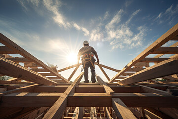 Roofer builder working on roof structure. Worker contractor and wooden house frame on construction site