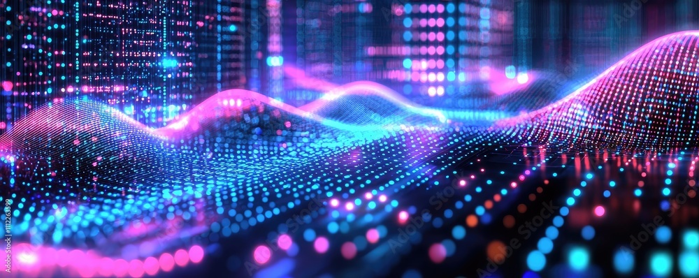 Poster abstract digital waves with colorful light effects against a dark background.