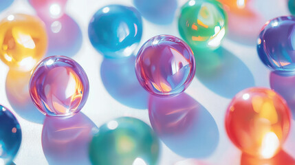 Colorful Marbles Scattered on a Surface, Close Up View of Glassy Textures
