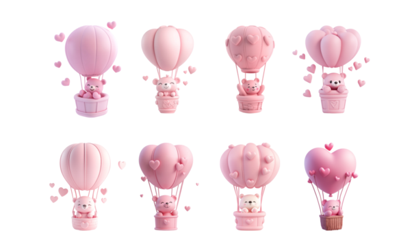 Pack PNG of a pink bear in an air balloon adorned with hearts set against a transparent background