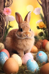 Easter background with eggs, bunnies and flowers Generative AI
