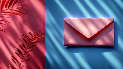 Pink envelope and branches with red leaves on two-tone blue pink background.