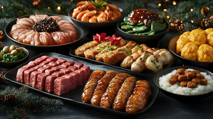 Festive New Year Feast Table with Colorful Cultural Dishes and Joyful Celebration