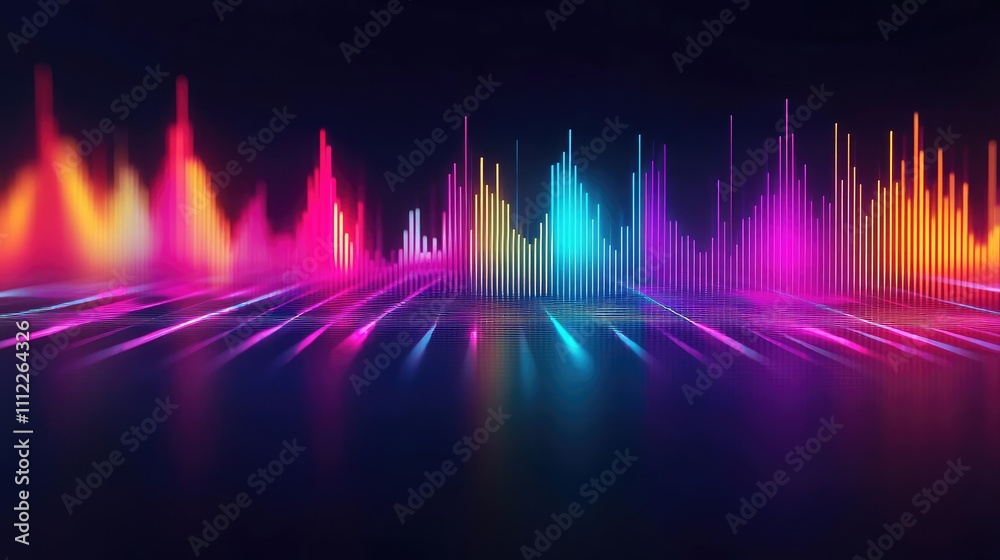 Poster Vibrant sound waves in colorful spectrum on a dark background