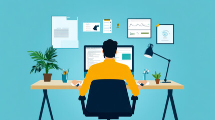 A person working at a desk with a computer, surrounded by plants and wall decor, creating a productive home office environment.