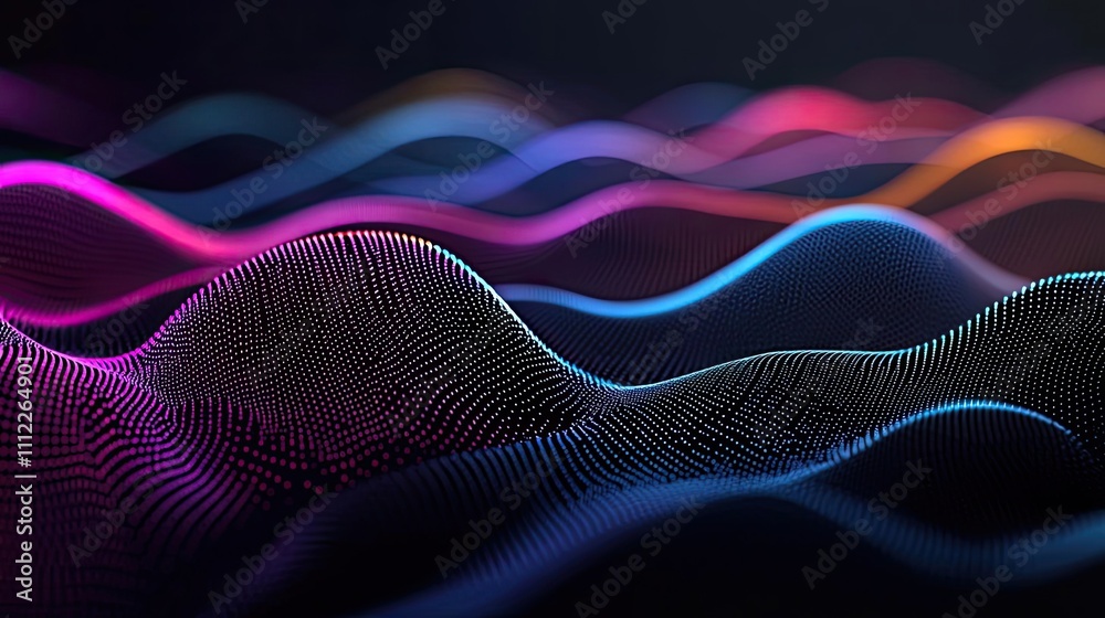 Poster colorful wave patterns with vibrant lines on a dark background.