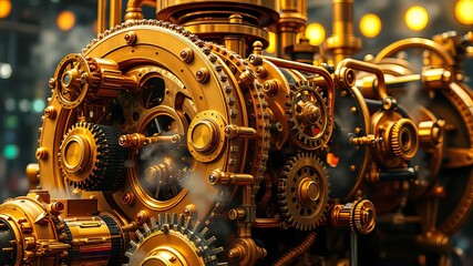 Steampunk Golden Engine, Vibrant AI Art, Detailed Machinery, Intricate Design, Bright Colors