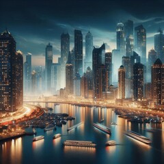 city skyline with a river and a city in the background.