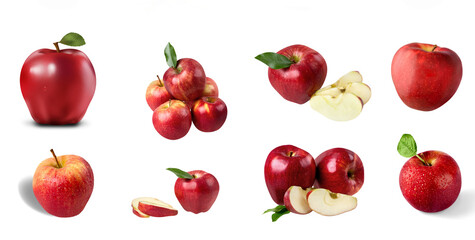 Set of Realistic ripe red Apple fruit. Whole, half and slice cut isolated fruit. 3d vector fresh, crisp sweet natural delight. Ruby-red wedges,bursting with flavor and juiciness,red apple vector set.