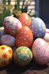 Easter background with eggs, bunnies and flowers Generative AI