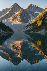 Fototapeta premium reflection of a mountain range on a still alpine lake