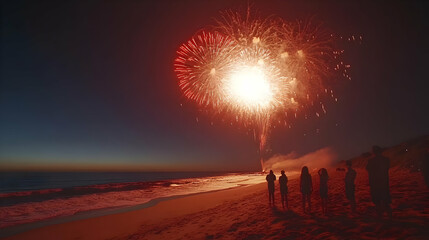 New Year Celebrations: Spectacular Fireworks Over Crowded Beach Silhouettes
