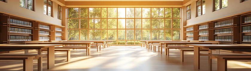 Modern bright library interior featuring wooden tables and large windows letting in natural light.