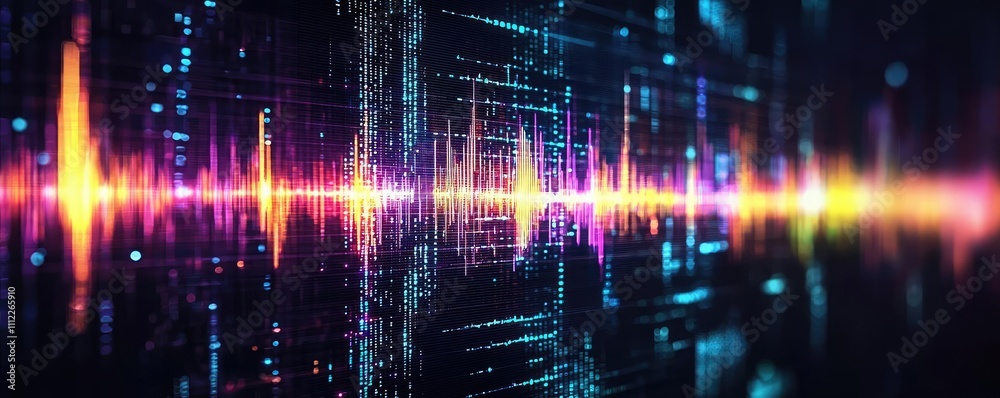 Poster Vibrant sound wave visualization with colorful lines and digital effects.