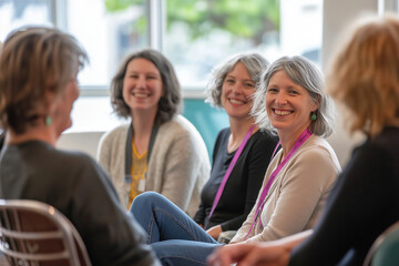 photo of women gathered in a cirlce for an indoor wellness event, smiling faces but calmness,