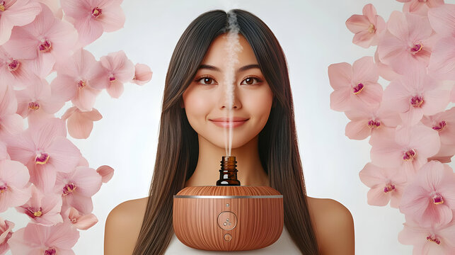 Essential Oil Diffuser with Blooming Flowers on White Background for Wellness Design