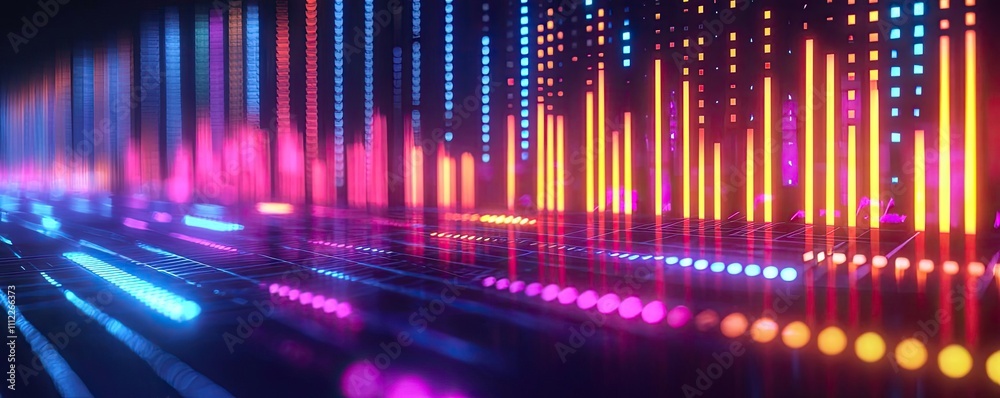 Poster vibrant digital sound wave visualization with colorful bars and dots.