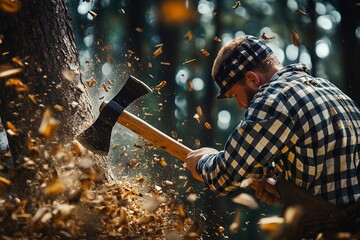 Lumberjack skillfully chops wood in a serene forest setting during autumn. Generative AI