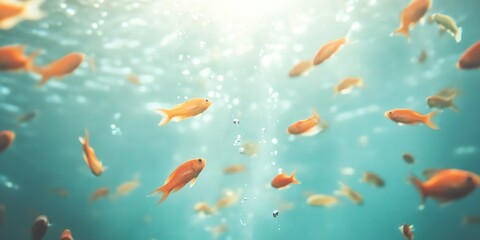 Vibrant orange fish swim in a sunlit underwater scene.  Bubbles and light create a peaceful, aquatic ambiance.