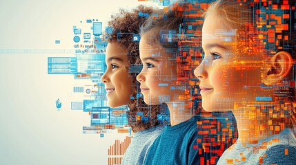 A futuristic representation of children's profiles combined with digital technology elements, symbolizing the integration of youth with tech innovations and future possibilities