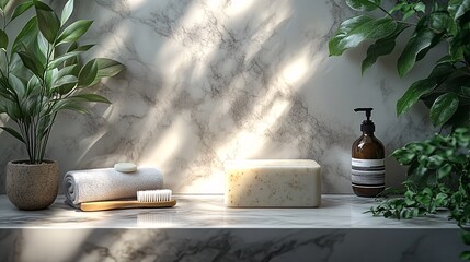 Fototapeta premium Marble table top with soap, toothbrush, cotton buds, decor and mockup space for montage over minimalist and clean bathroom background, 3D rendering, 3D illustration