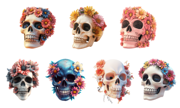 Pack PNG skull adorned with flowers in a minimalist cartoon style set against transparent background
