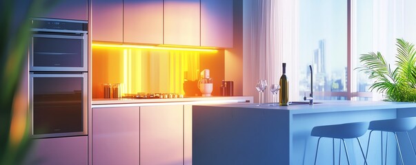 Modern kitchen interior with warm lighting, stainless steel appliances, and a minimalist island. Perfect for cooking, entertaining, or relaxation.