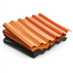 Fototapeta premium A stack of wavy roof tiles in orange and black, showcasing a modern, durable design suitable for construction and roofing projects.