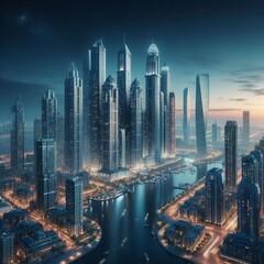 Obraz premium city skyline with a river and a city in the background.