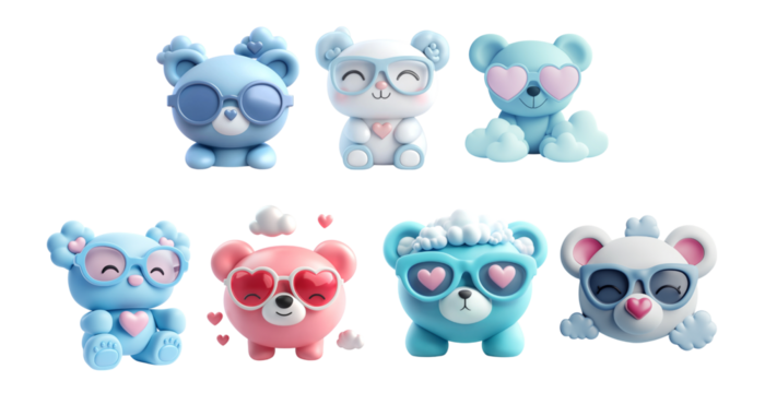 Pack PNG of a cartoon style bear wearing glasses set against a transparent background perfect for playful and educational materials