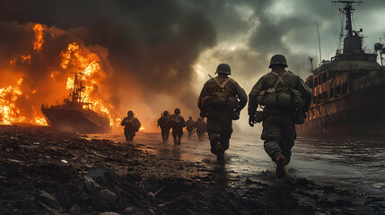 Soldiers Retreat Through Burning Ships and Mud