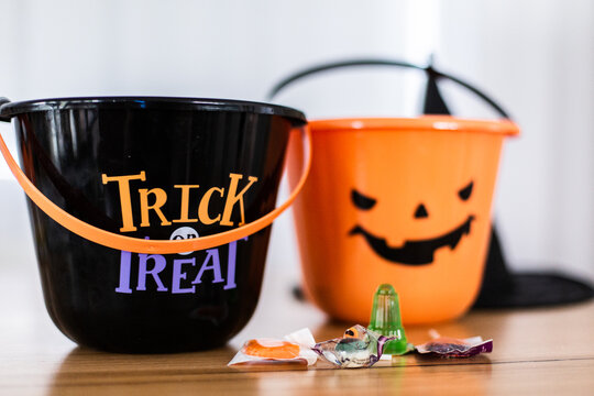 halloween buckets and a few lollies on the table