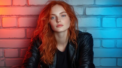 A woman with striking red hair stands confidently against a brick wall. She's dressed in a black...