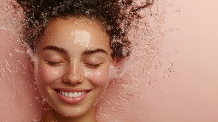 skin care and hydration concept. smiling woman with eyes closed and water splash around the face on light pink background