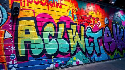 Obraz premium Vibrant Graffiti Wall, Urban Art, Colorful Street Art, Artistic Backdrop, Bold Colors, Vivid Hues