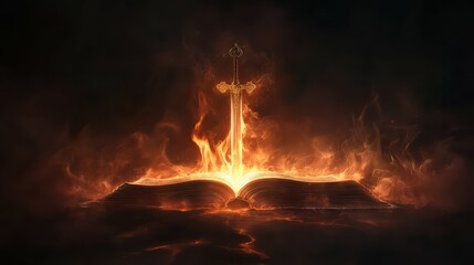 Sword of the spirit. Holy bible. For the word of God is living and active, sharper than any double-edged sword. Flaming sword of the spirit and the word of god concept art. Mist and flames. Copy space