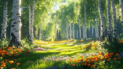 Sunlit Birch Forest Path With Colorful Wildflowers