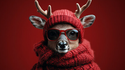 Naklejka premium Merry Christmas holiday winter greeting card , Cool reindeer Rudolf deer with antlers,