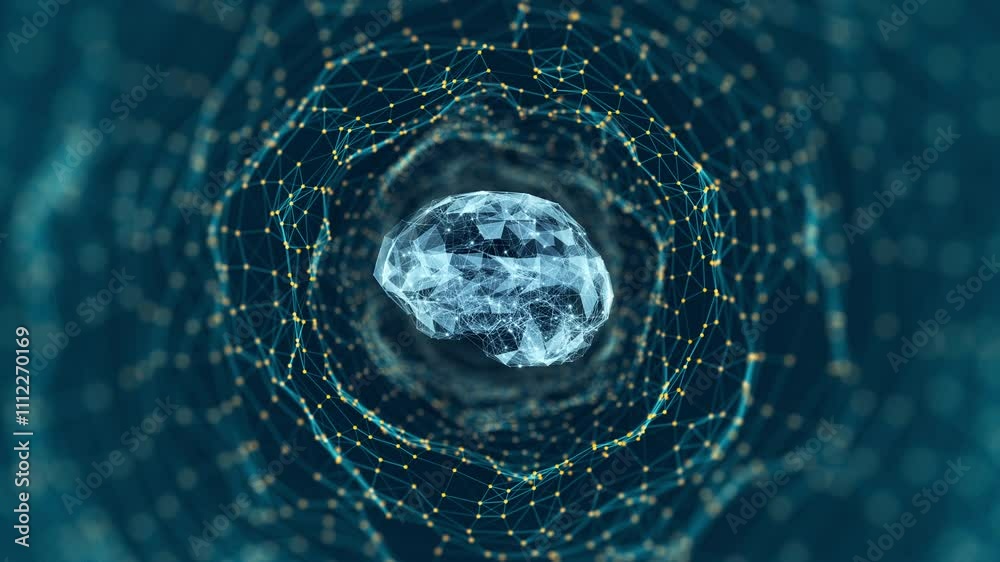 Poster motion graphic of blue digital brain logo and tunnel line connection with artificial intelligence an