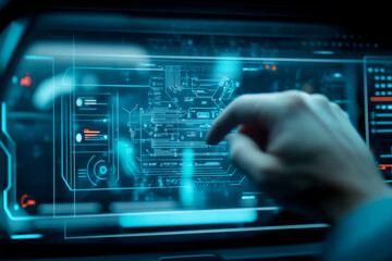 A futuristic interface with glowing blue graphics, displaying digital data while a hand interacts with the touchscreen.